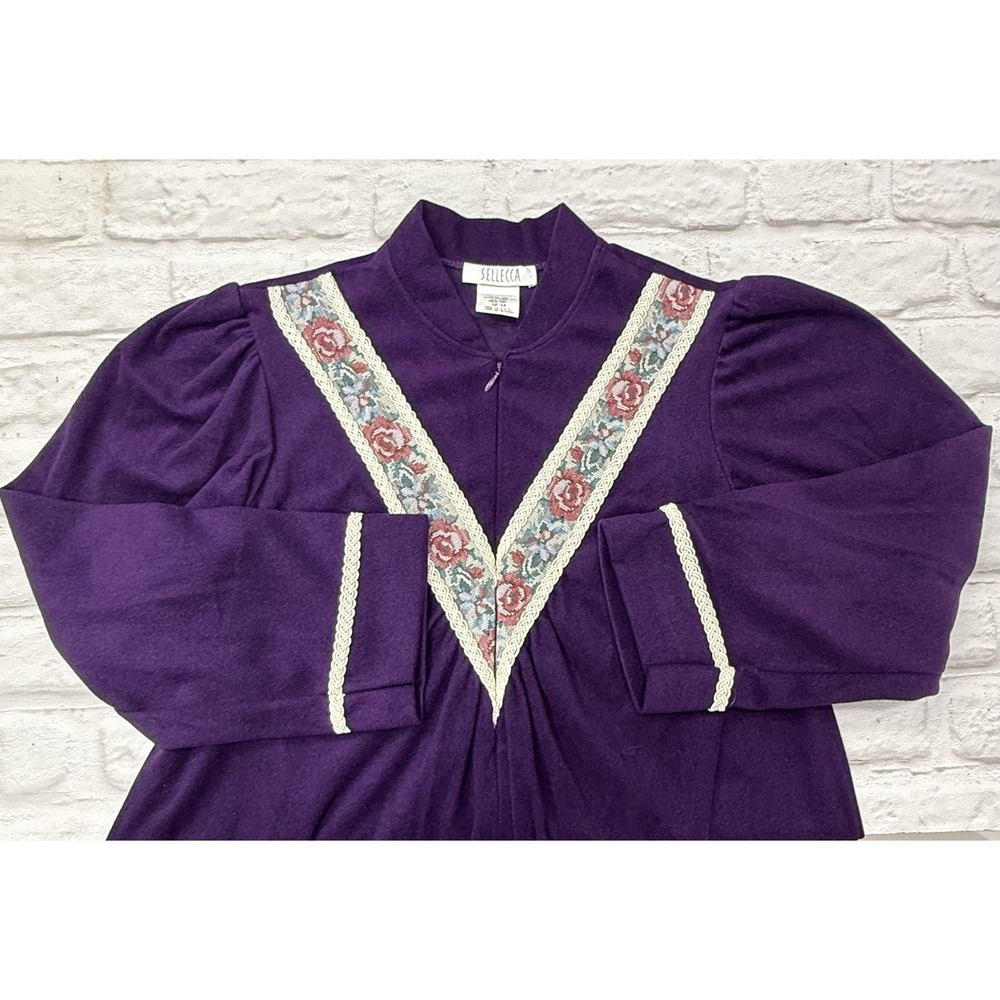 Vtg‎ Sellecca Velour  House Coat Nightgown Sz M Purple 3/4 Zip w/Pockets 60s 70s